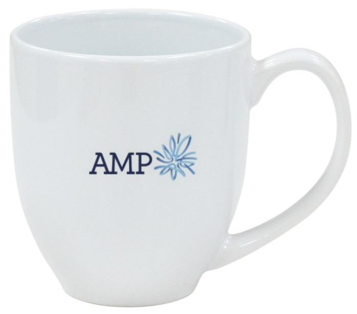 A white ceramic mug custom printed with the AMP logo